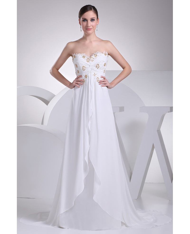 Strapless Lace Beaded Chiffon White Wedding Dress with Train
