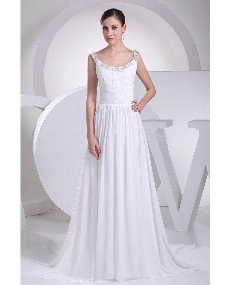 Flowing Chiffon Train White Folded Bridal Dress with Beading Neck