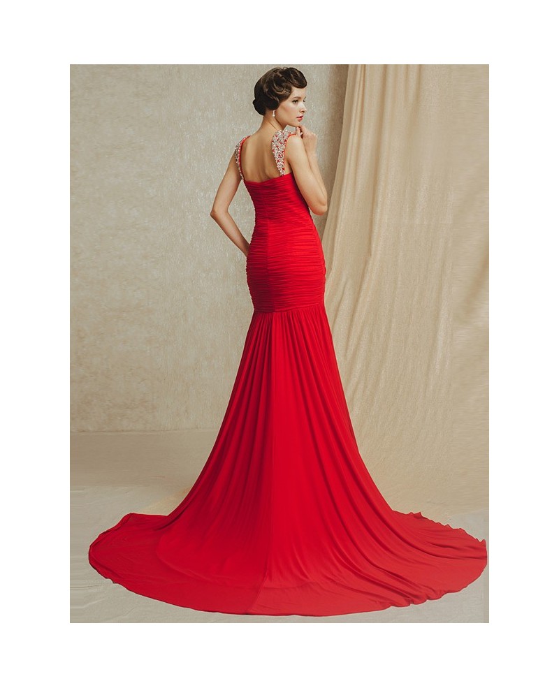 Red Pleated Mermaid Fitted Long Train Chiffon Bridal Party Dress - Click Image to Close