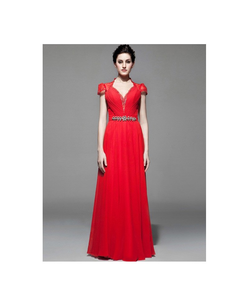 Red Beaded Long Chiffon Cap Sleeve Bridal Party Dress - Click Image to Close