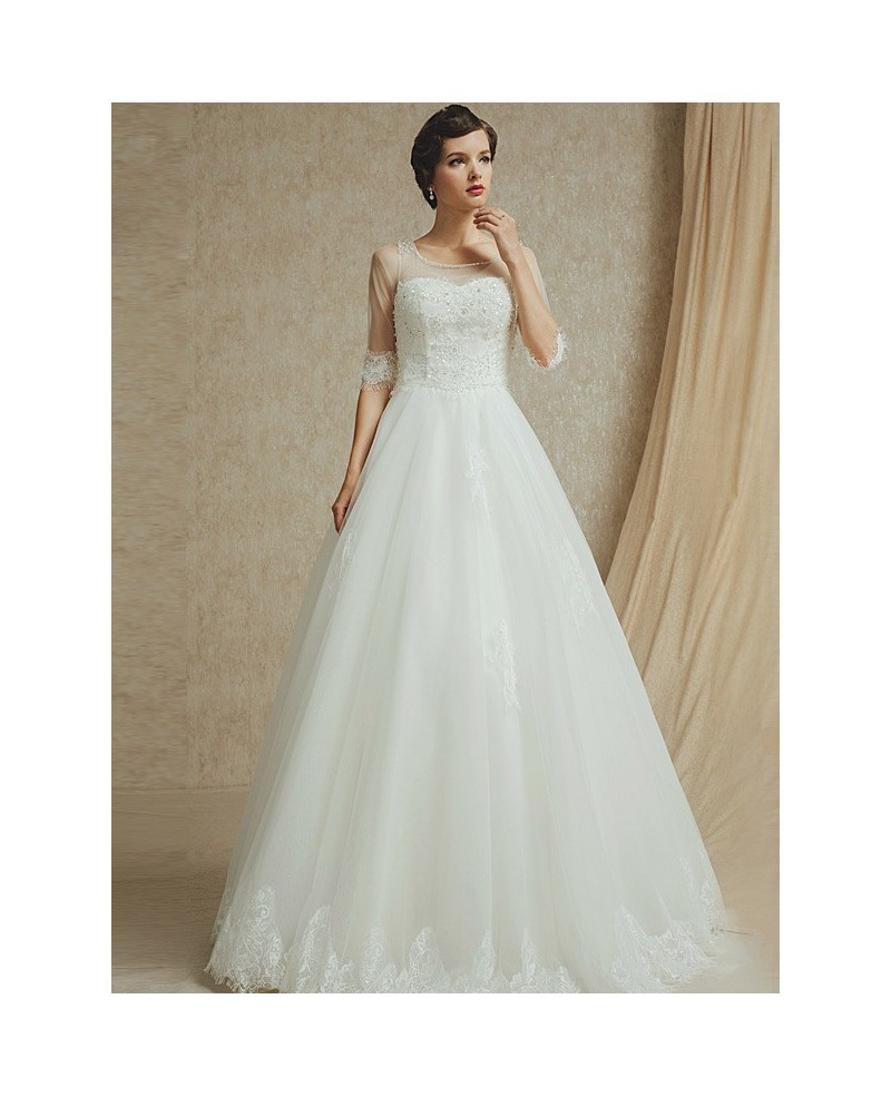 Modest Sheer Sleeve Lace Trim Ballgown Wedding Dress