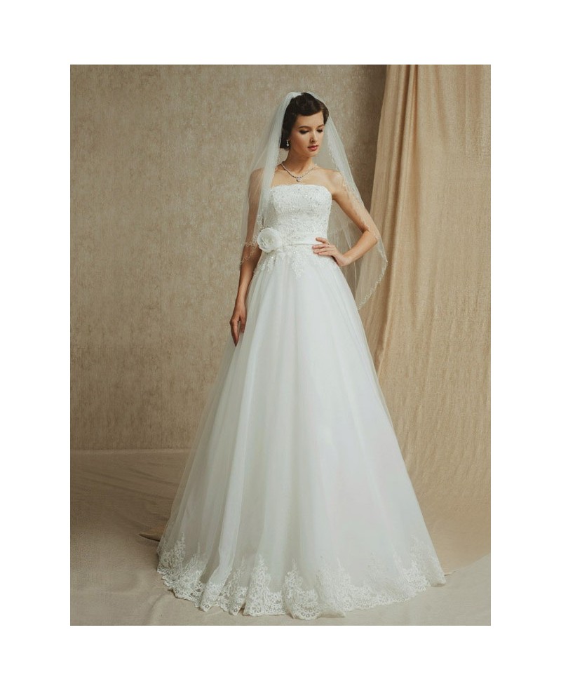 Lace Trim Long Tulle Empire Waist Wedding Dress Strapless with Sash