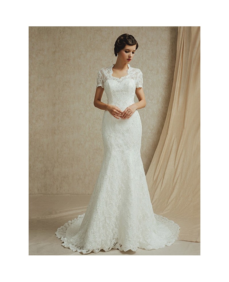 Modest Lace Short Sleeves Mermaid Long Train Wedding Dress with Bow