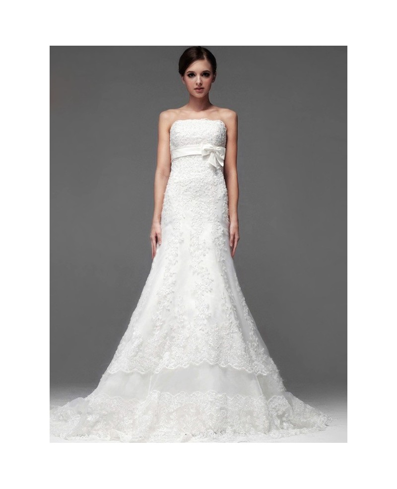 Full Beaded Lace Strapless Trumpet Wedding Dress with Sash