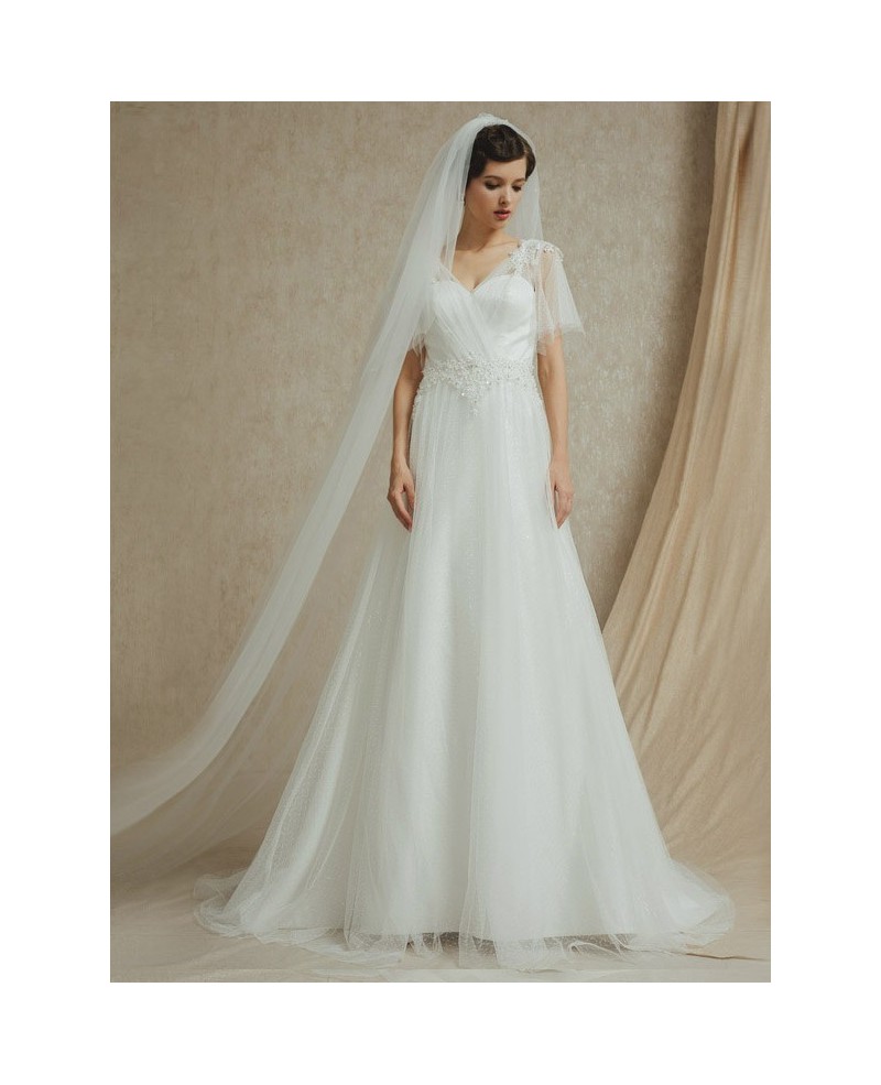 Butterfly Sleeve Elegant Beaded Long Tulle Wedding Dress
