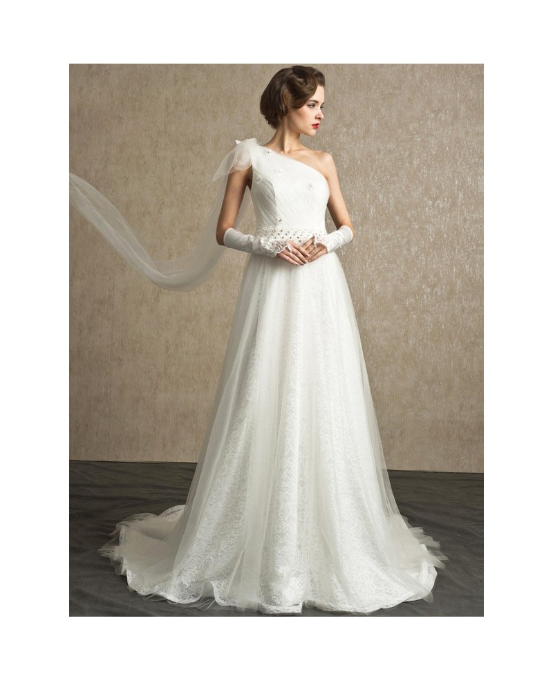 Stunning One Strap Full Lace and Tulle Sheer Back Wedding Dress