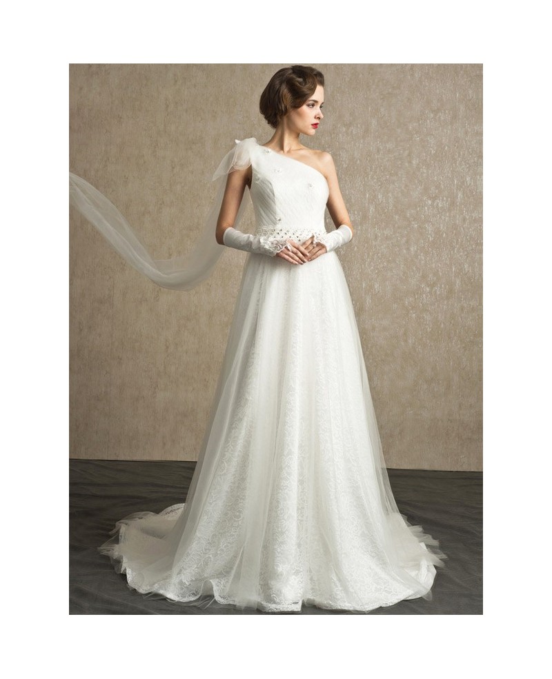 Stunning One Strap Full Lace and Tulle Sheer Back Wedding Dress