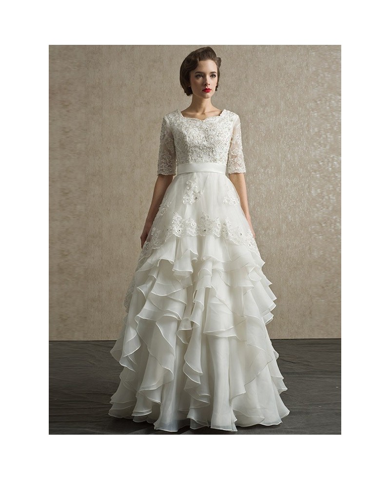 Modest Lace Short Half Sleeve High Neck Wedding Dress with Ruffles