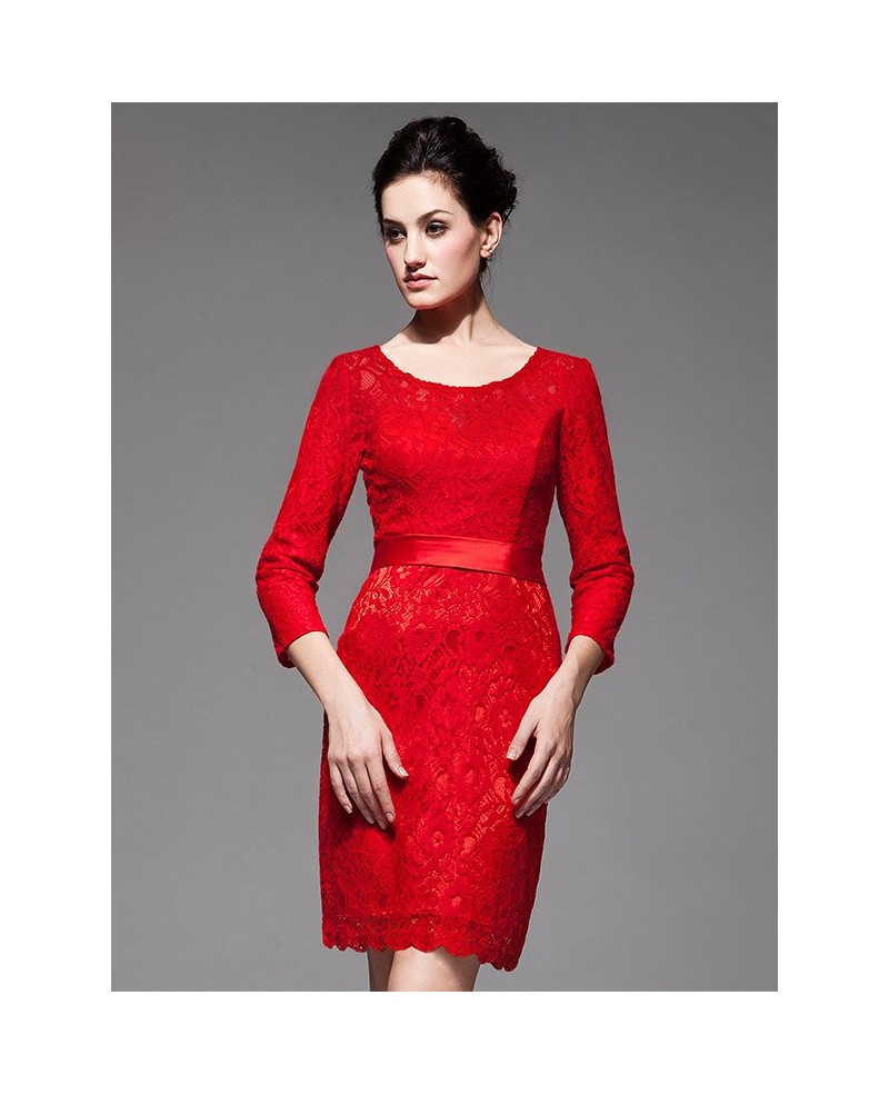 Red Boat Neck Three Quarter Lace Sleeve Sheath Bridal Party Dress