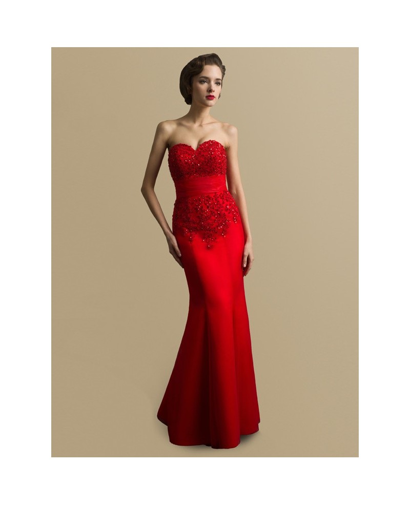 Sweetheart Sequined Lace Long Mermaid Satin Red Bridal Dress