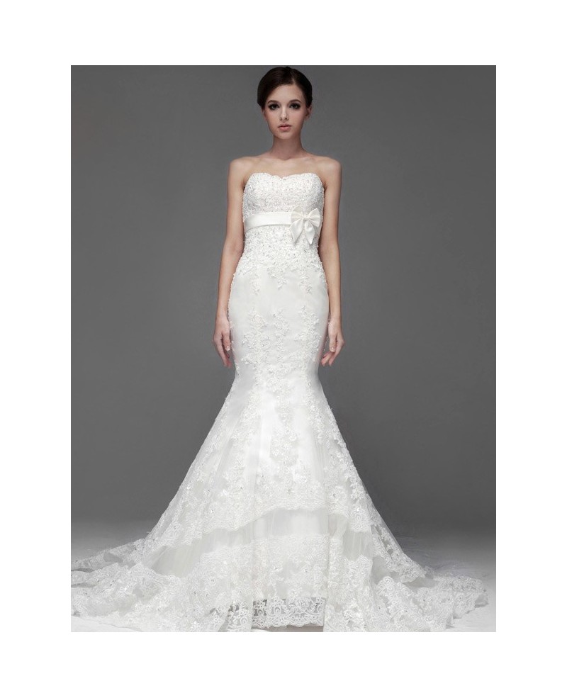 Perfect Mermaid Fitted Full Lace Sweetheart Wedding Dress with Sash