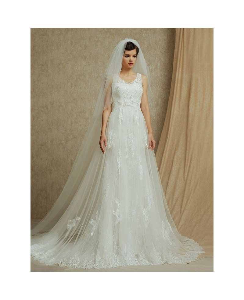 Lace Empire Waist Long Tulle Wedding Dress with Train