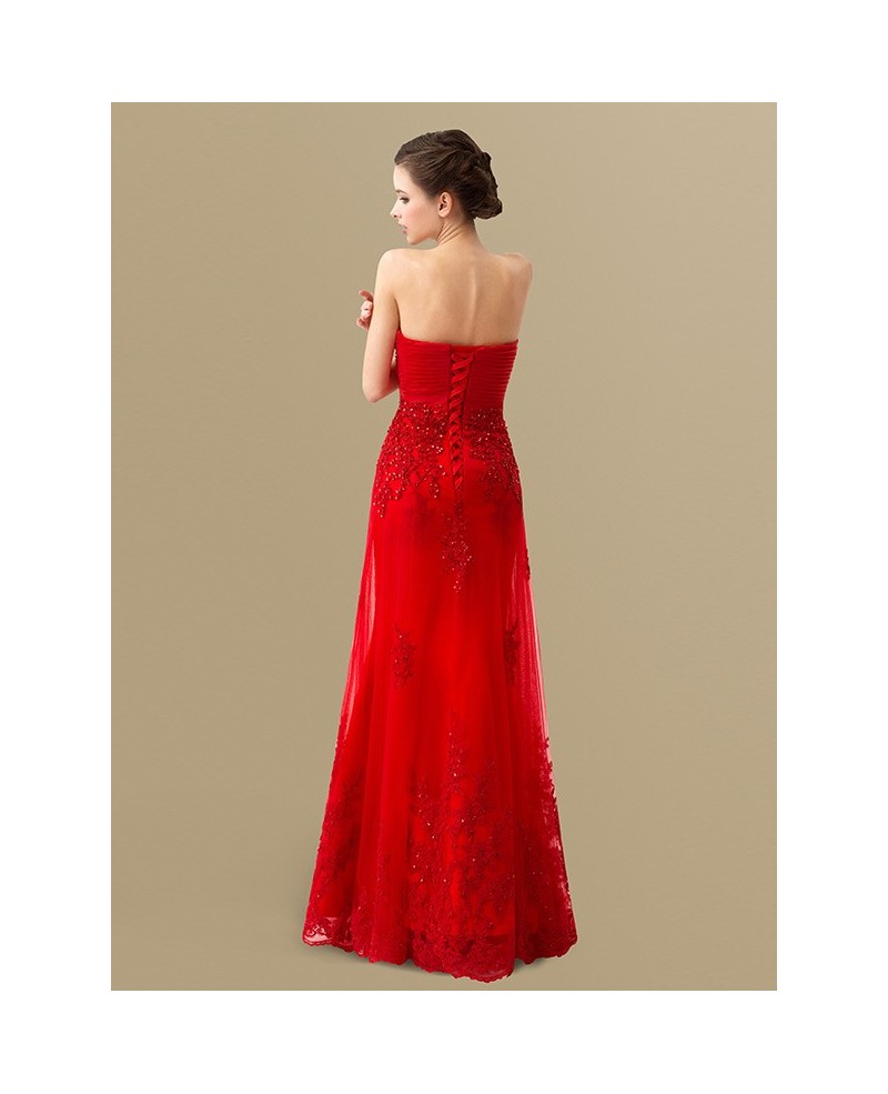 Best Red Lace Tulle Pleated Sweetheart Floor Length Wedding Dress