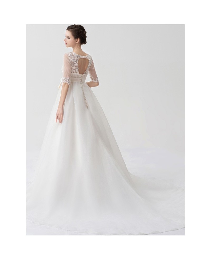 Charming Half Sheer Sleeves Empire Waist Maternity Wedding Dress Lace