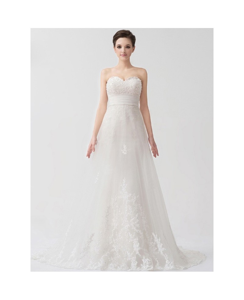 Sweetheart Beaded A-line Lace Tulle Wedding Dress Corset Back