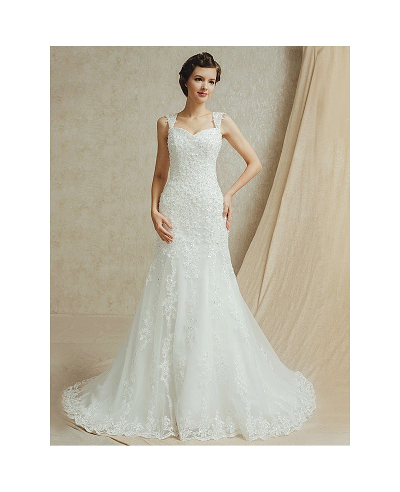 Best Sequined Lace Sweep Train Trumpet Wedding Dress