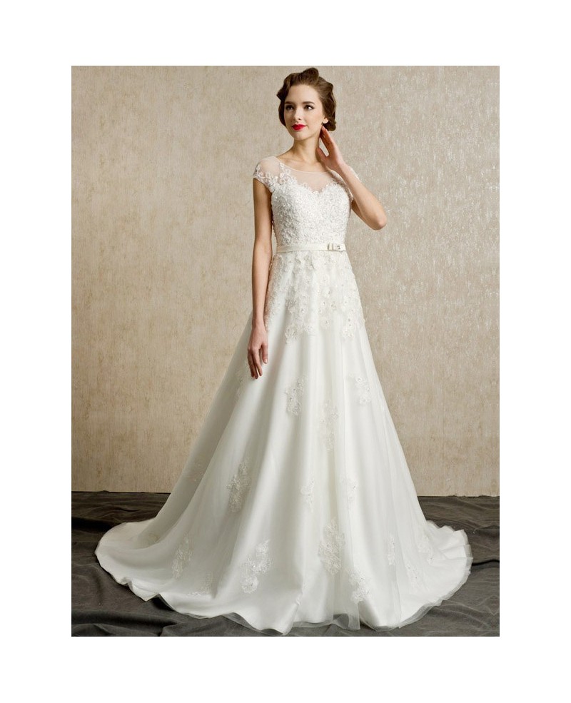 Gorgeous Lace Cap Sleeves Open Back Wedding Dress Long Train