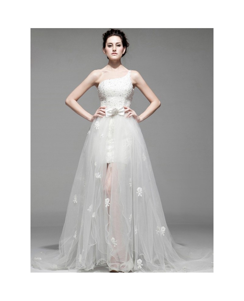 Chic Beaded One Shoulder Flowers Removable Tulle Wedding Dress