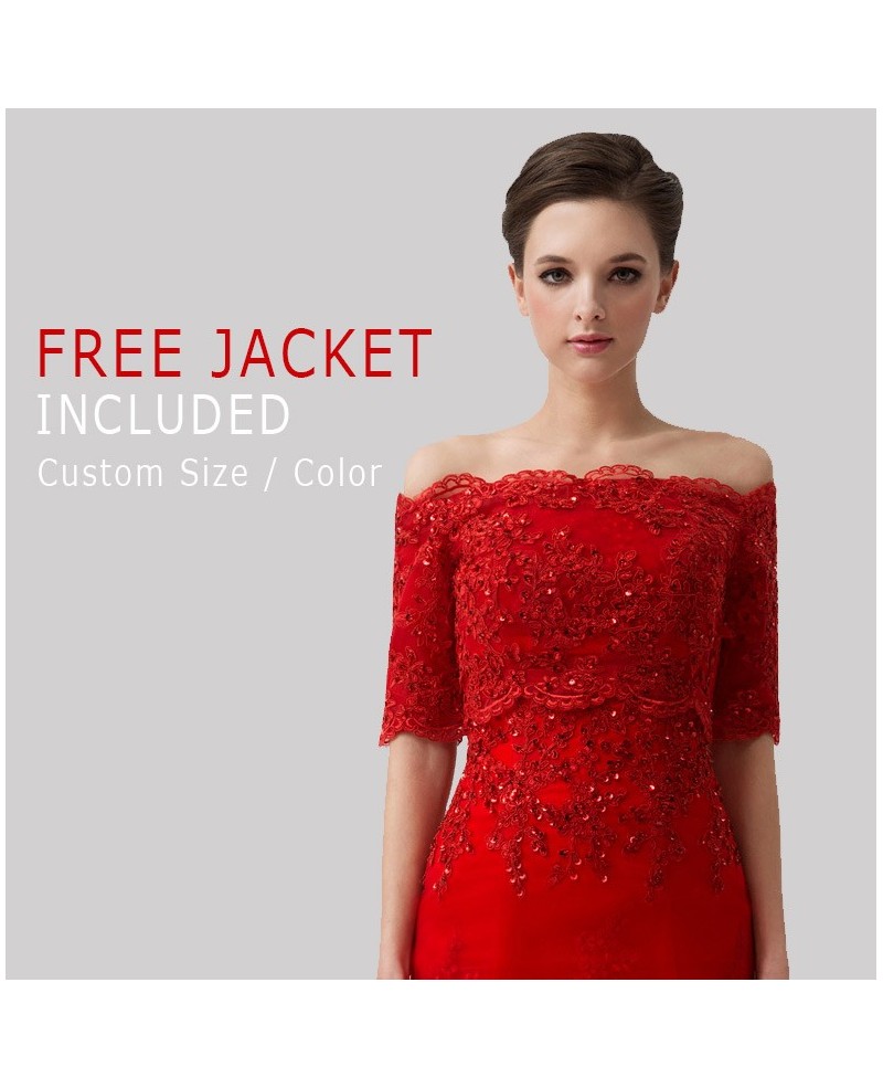 Red Sequined Lace Long Tulle Wedding Party Dress - Click Image to Close