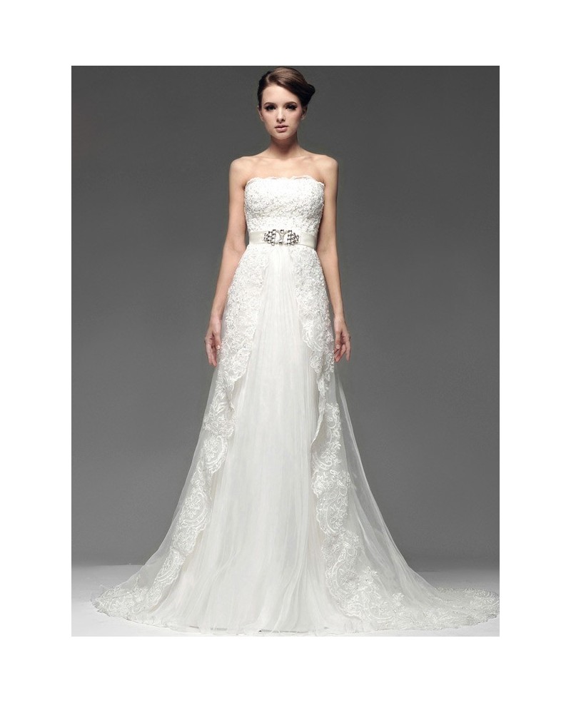 Chic Jeweled Sash Strapless Lace Wedding Dress with Train