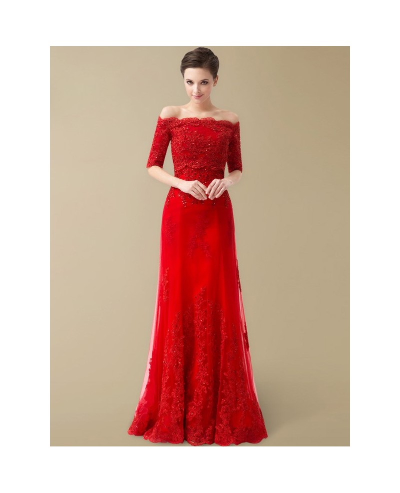 Best Off the Shoulder Lace Half Sleeve Long Red Wedding Dress