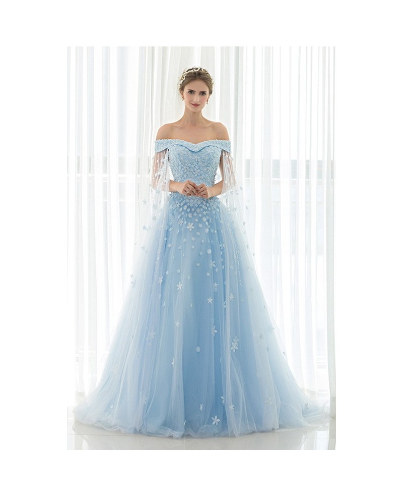 Blue Floral Off the Shoulder Long Tulle Wedding Dress