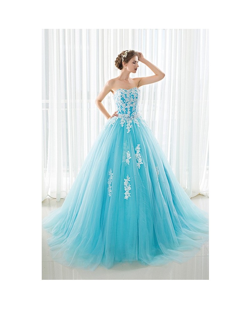 Blue Long Tulle Lace Strapless Ballgown Wedding Dress