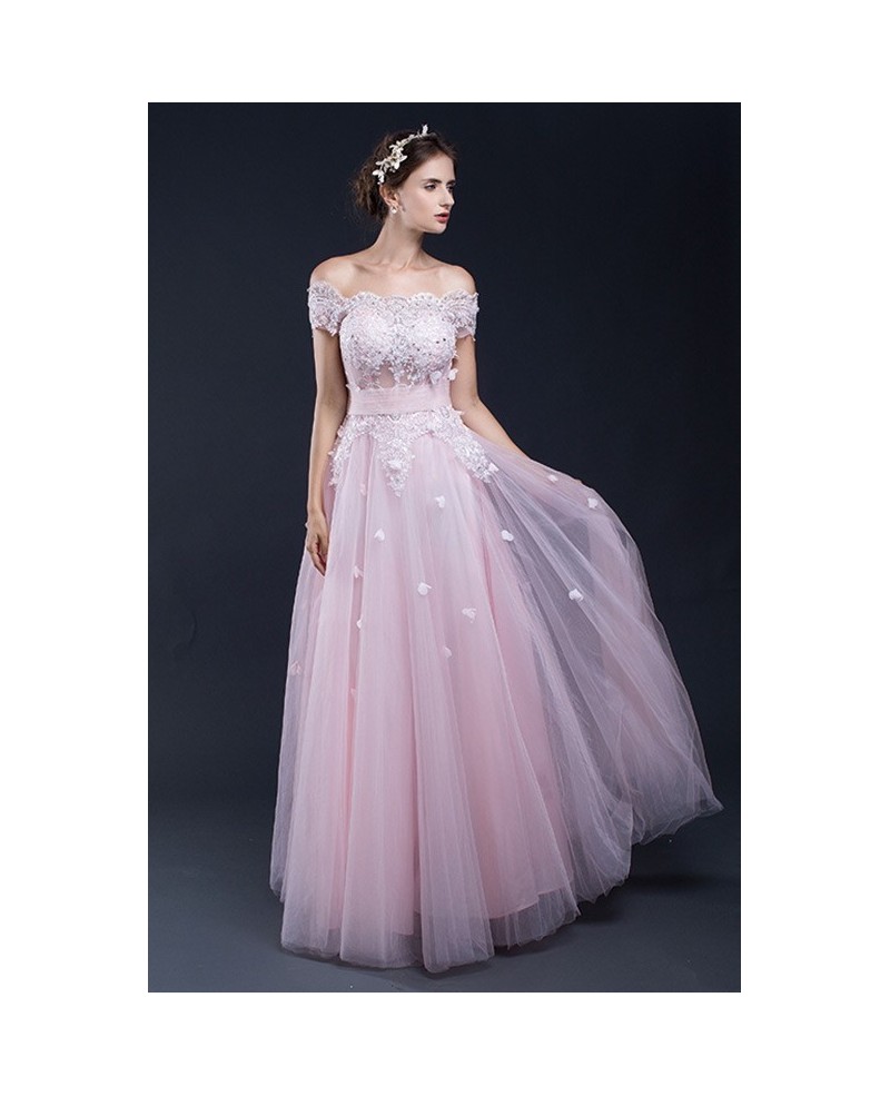 Gorgeous Lace Off the Shoulder Long Tulle Bridal Party Dress