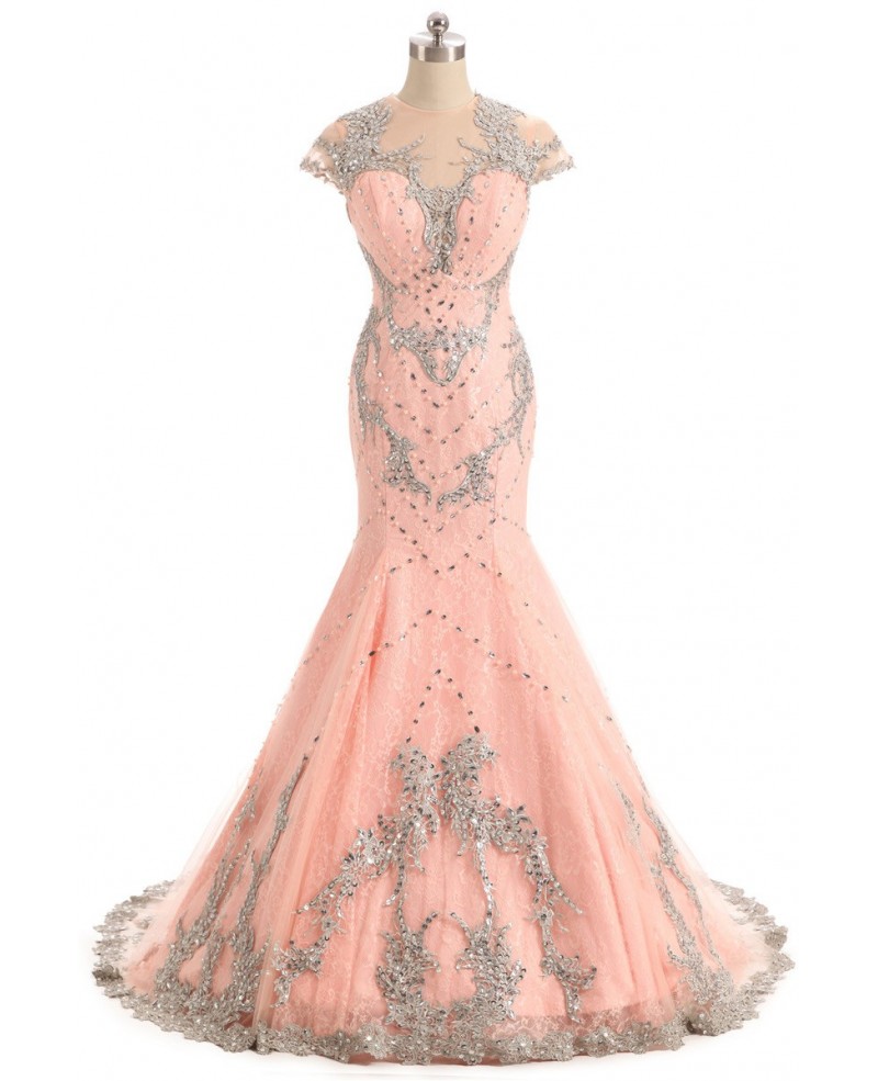 Embroidered Cap Sleeve Mermaid Long Pink Prom Dress Sweep Train