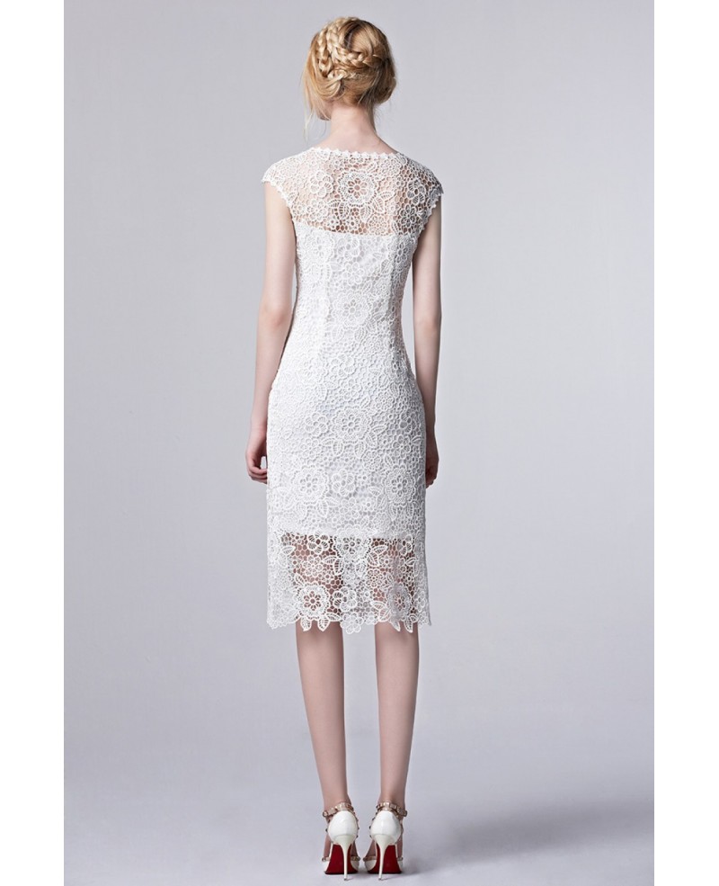 White Lace Knee Length Cutout Elegant Dress with Cap Sleeves - Click Image to Close