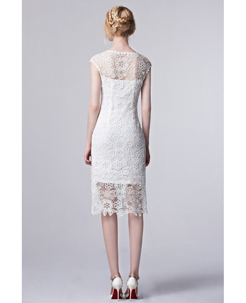 White Lace Knee Length Cutout Elegant Dress with Cap Sleeves