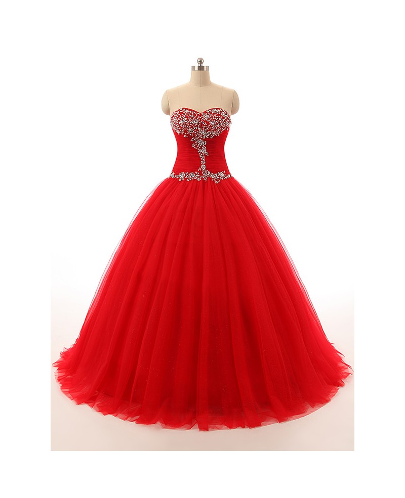 Ball-Gown Sweetheart Sweep Train Tulle Prom Dress With Ruffles Beading