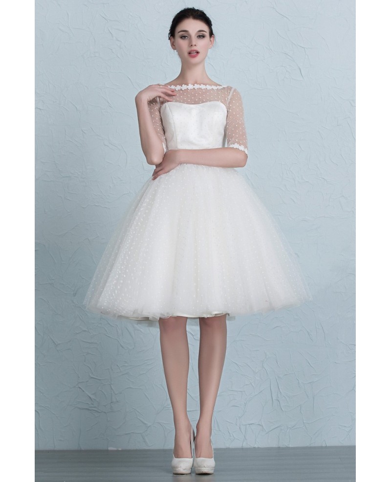 Vintage Polka Dot Knee Length Tulle Wedding Dress with Half Sleeves