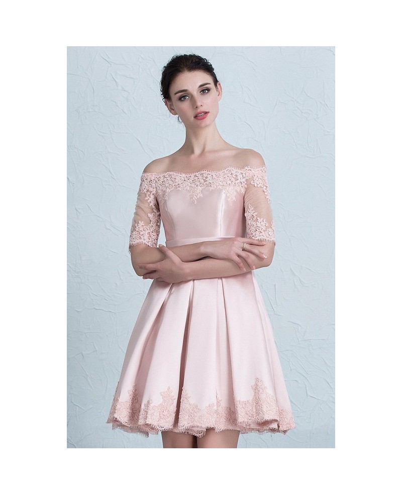 Pink Of the Shoulder Lace Wedding Party Dress with Lace Sleeve - Click Image to Close