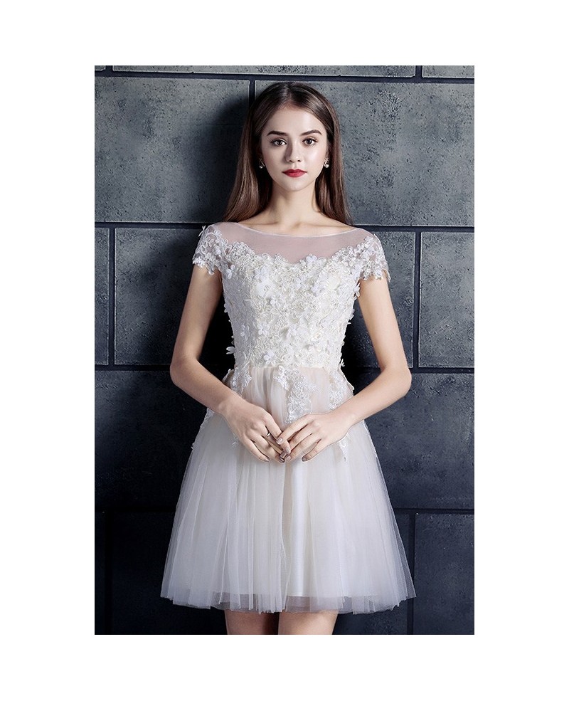 White High Neck Lace Cap Sleeve A-line Short Tulle Wedding Dress