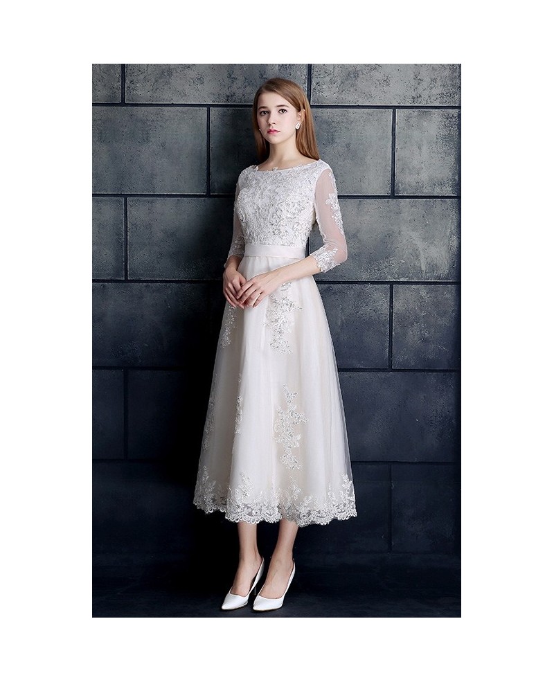 Vintage Tea Length Lace Tulle A-line White Wedding Dress 3/4 Sleeve