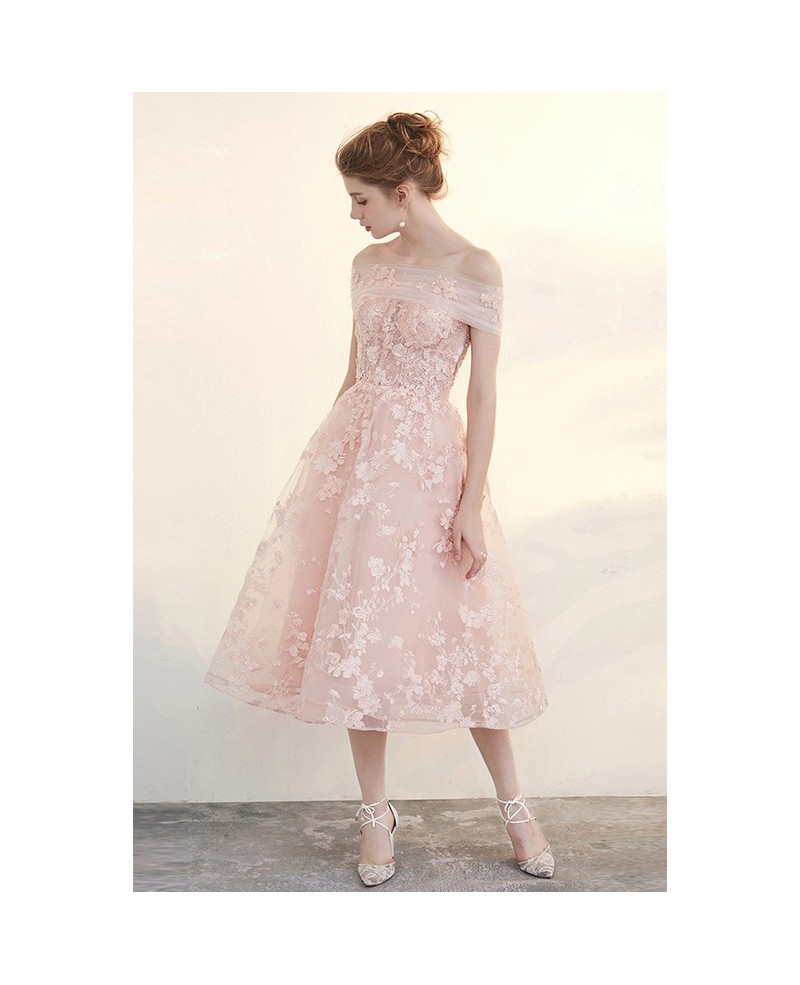 Beautiful Pink Applique Lace Tea Length Tulle Formal Dress - Click Image to Close