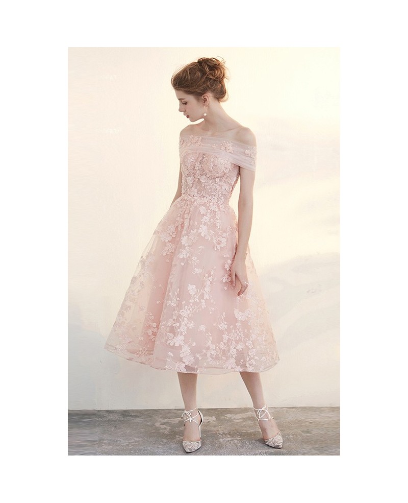 Beautiful Pink Applique Lace Tea Length Tulle Formal Dress