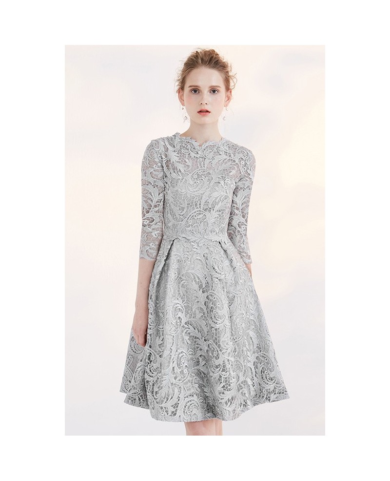 Silver Modest Lace 3/4 Sleeve Full Lace A-line Bridal Party Dress Short - Click Image to Close