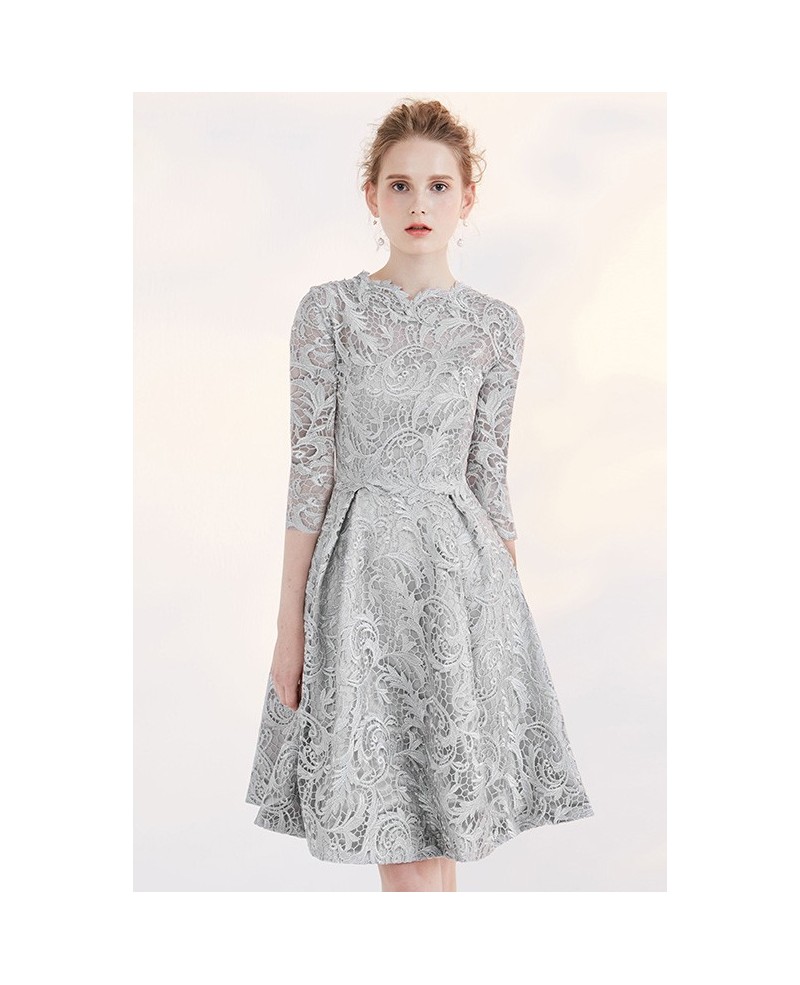 Silver Modest Lace 3/4 Sleeve Full Lace A-line Bridal Party Dress Short