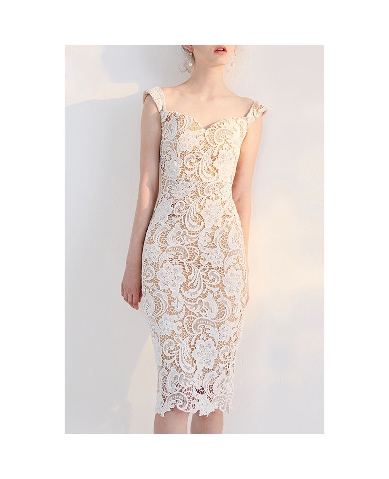 Pretty Fitted Ivory Lace Sheath Knee Length Bridal Party Dress