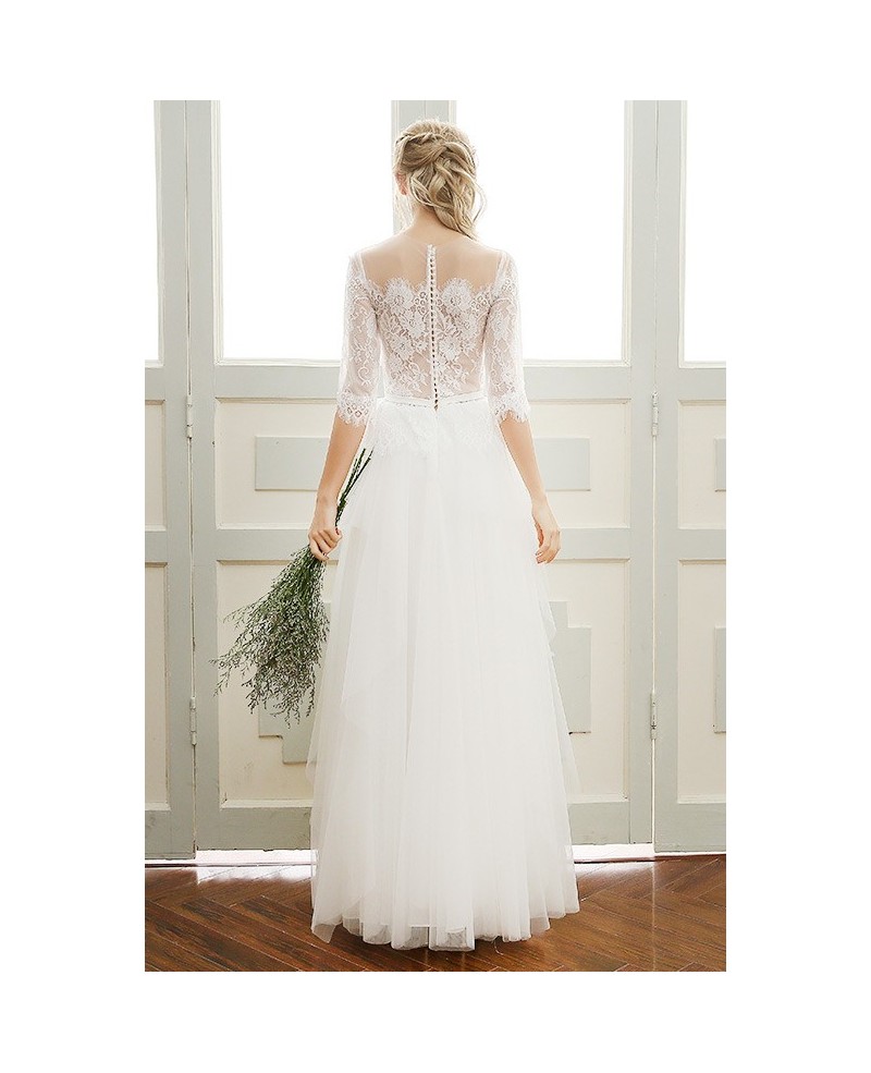 A-line Scoop Neck Floor-length Tulle Boho Wedding Dress With Sleeves