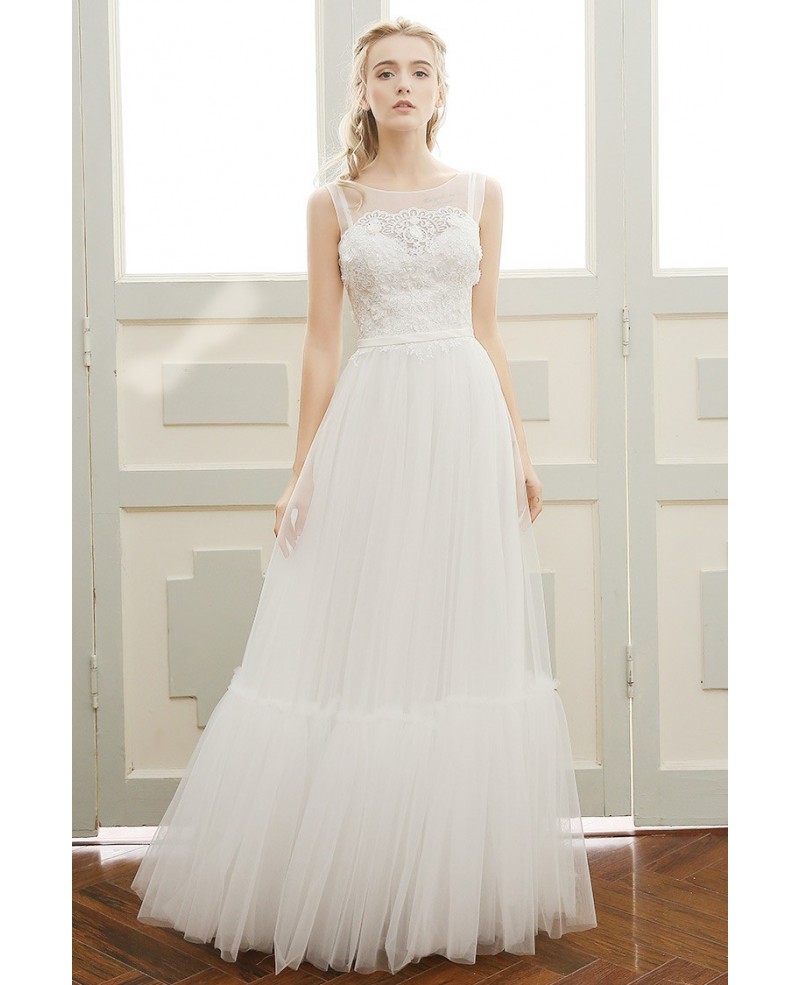 A-line Scoop Neck Floor-length Tulle Beach Wedding Dress With Open Back