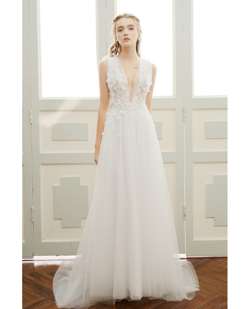 A-line Deep V-neck Sweep Train Tulle Boho Wedding Dress With Open Back