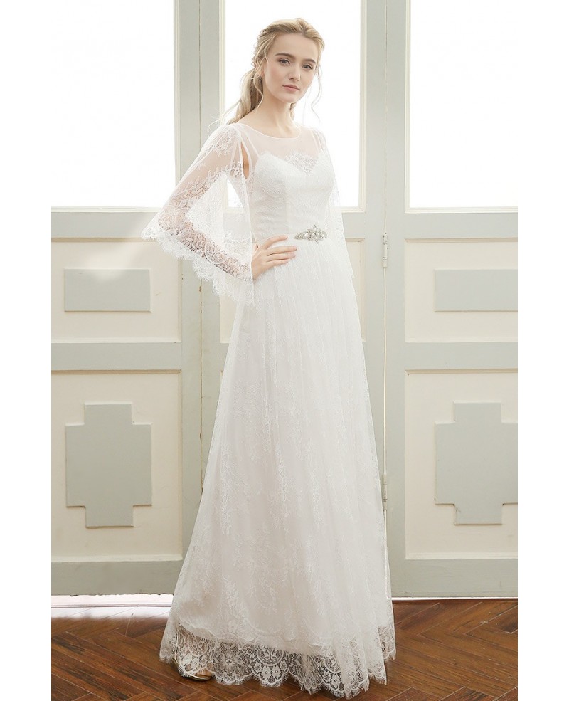 Romantic A-line Scoop Neck Floor-length Bohemian Lace Wedding Dress With Sleeves