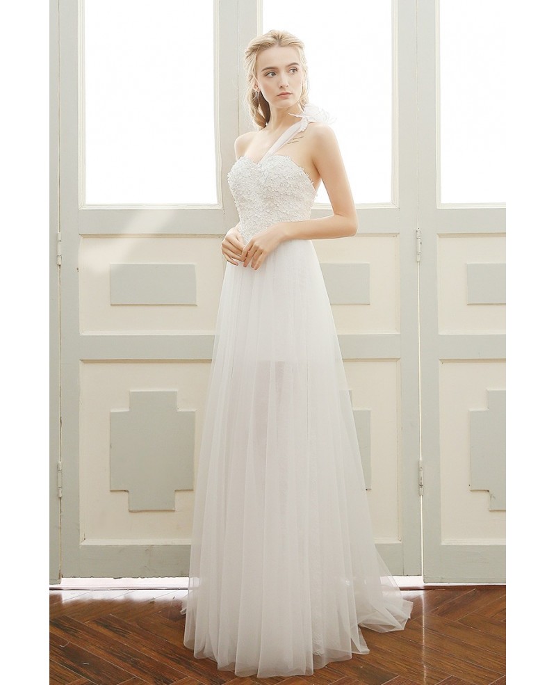 Goddess A-line One-shoulder Floor-length Tulle Beach Wedding Dress With Appliques Lace