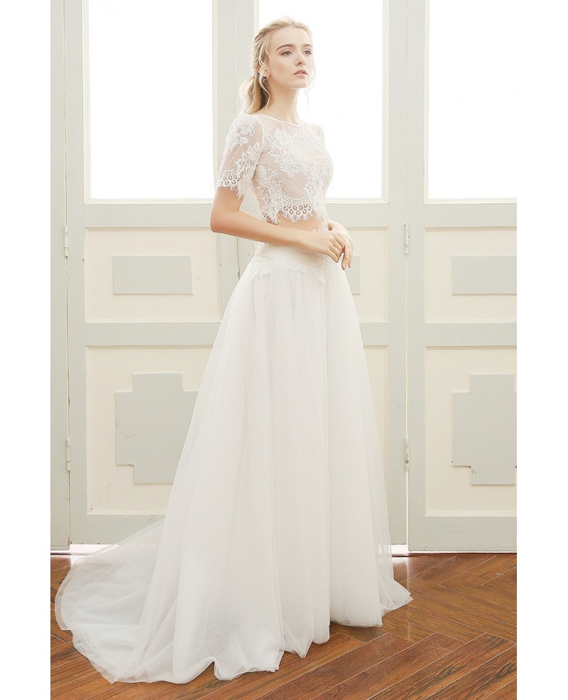 A-line Sweetheart Floor-length Tulle Two Pieces Boho Wedding Dress With Lace