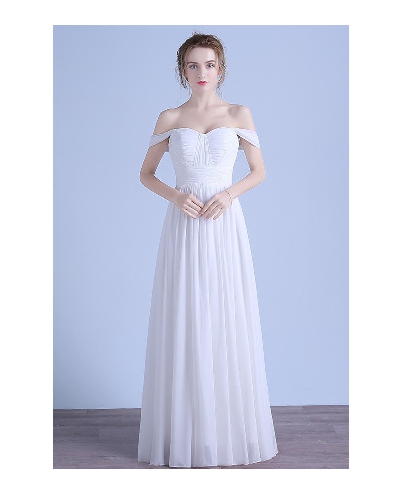 Simple A-line Off-the-shoulder Floor-length Chiffon Beach Wedding Dress