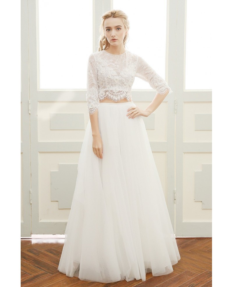 A-line Scoop Neck Floor-length Two-piece Tulle Bohemian Wedding Dress With Lace