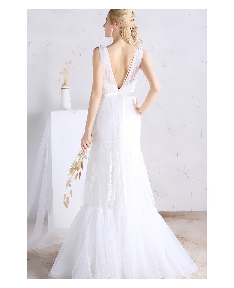 Sexy A-line Deep V-neck Floor-length Tulle Wedding Dress With Open Back